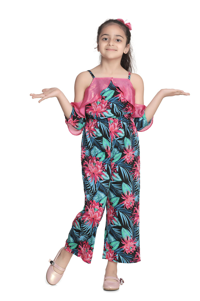Girl's Green And Red Cherry Jumpsuit With Flutter Sleeves - S