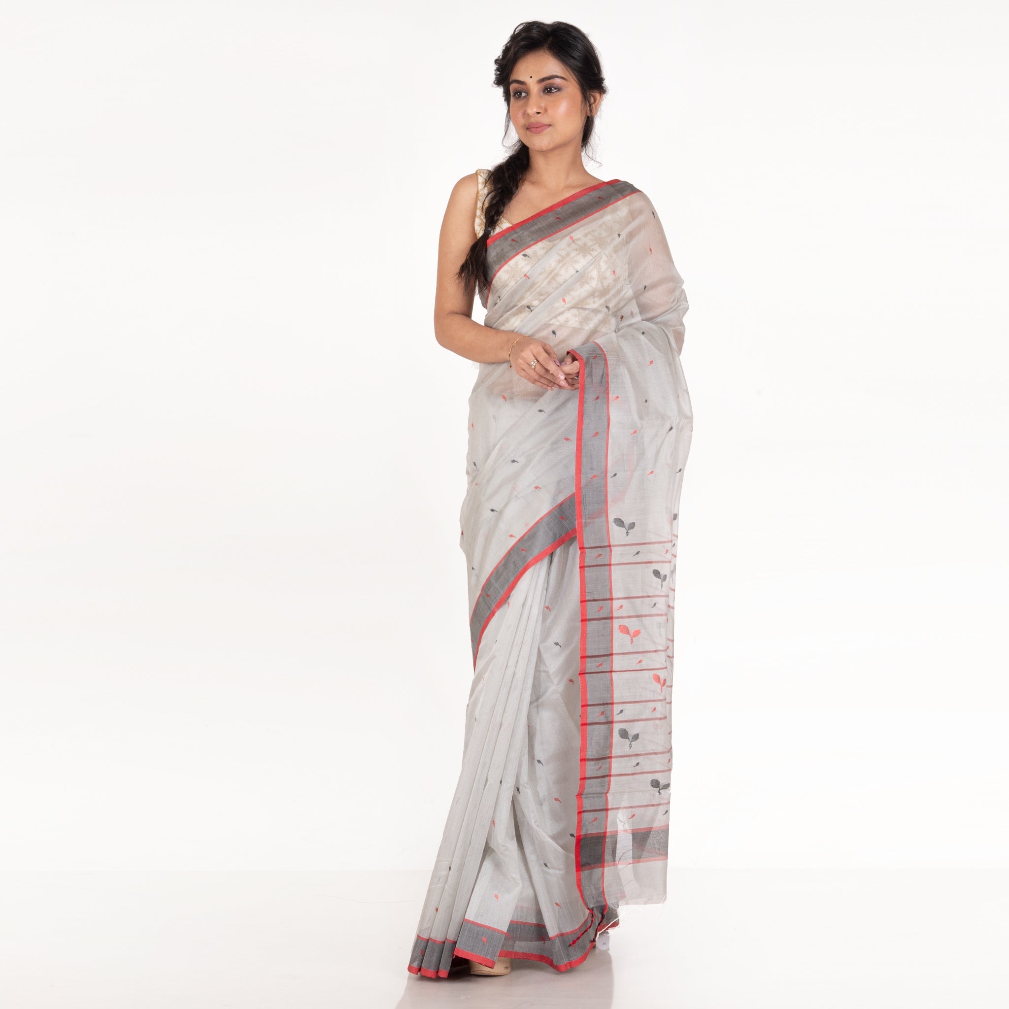 Women's Sea Grey Pure Chanderi Silk Saree With Black Border And Dual Color Booti - Boveee