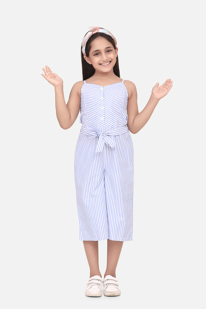 Girl's  Cotton Blend Yellow Stripe 3/4Th Jumpsuit - S