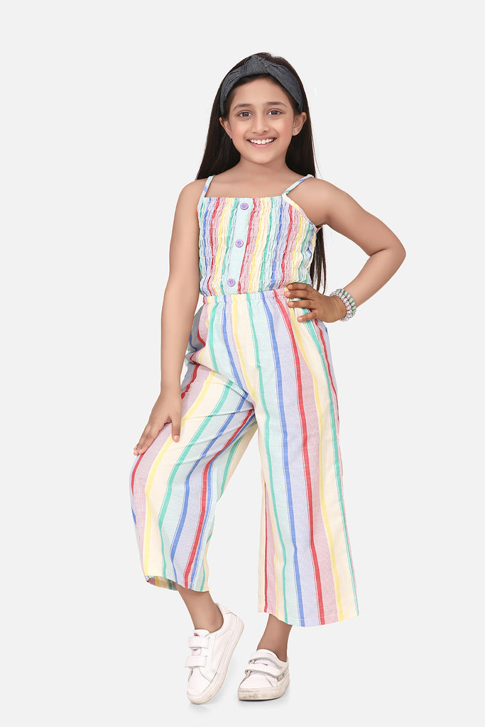 Girl's  Cotton Blend Blue Stripe 3/4Th Jumpsuit - S