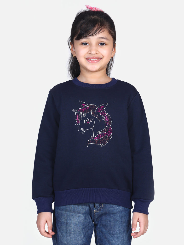 Girl's  Pink Crystal Unicorn Embellished Winter Sweatshirt - S