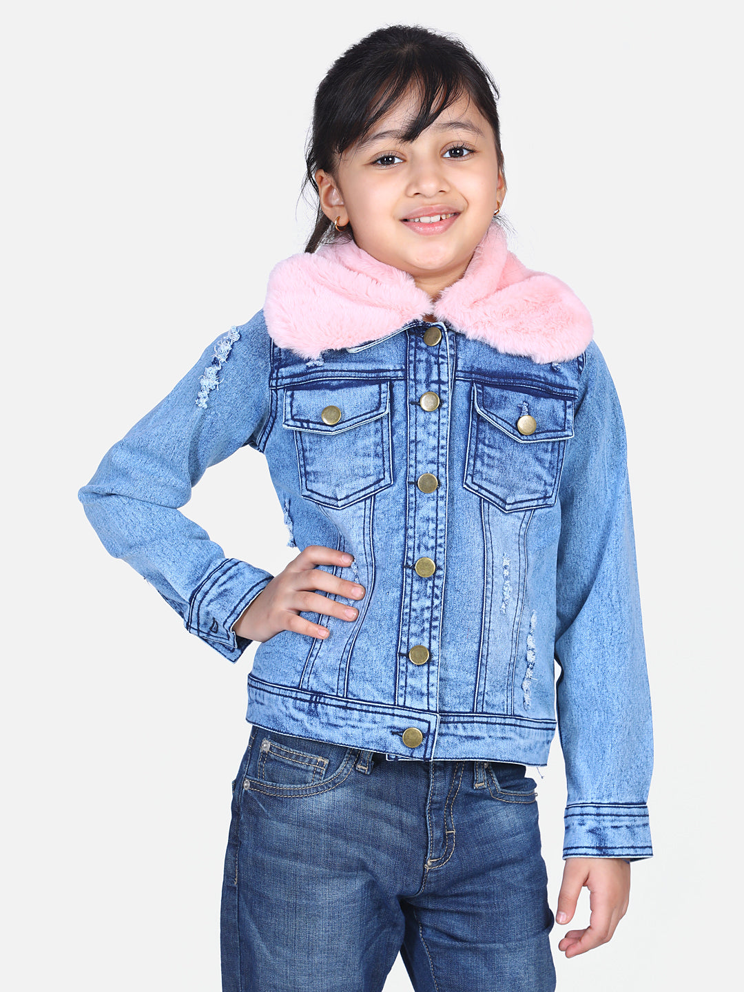 Girl's  Distressed Denim Jacket With Detachable Faux Fur Collar - StyleStone Kid