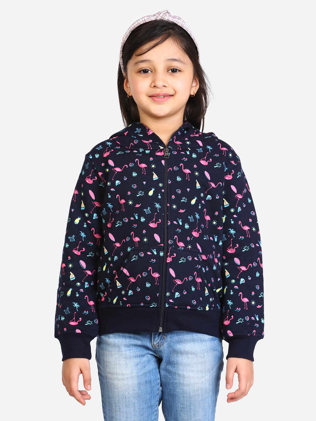 Girl's  Red Flamingo Printed Jacket With Hoodie - StyleStone Kid