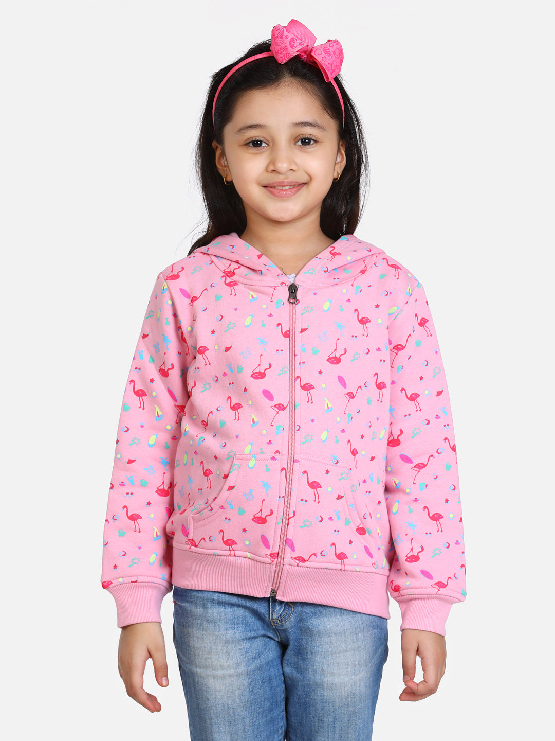 Girl's  Navy Flamingo Printed Jacket With Hoodie - StyleStone Kid
