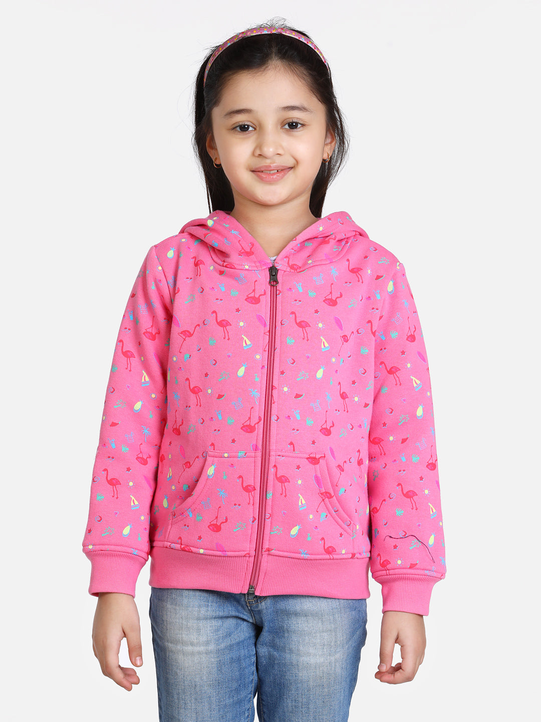 Girl's  Light Pink Flamingo Printed Jacket With Hoodie - StyleStone Kid