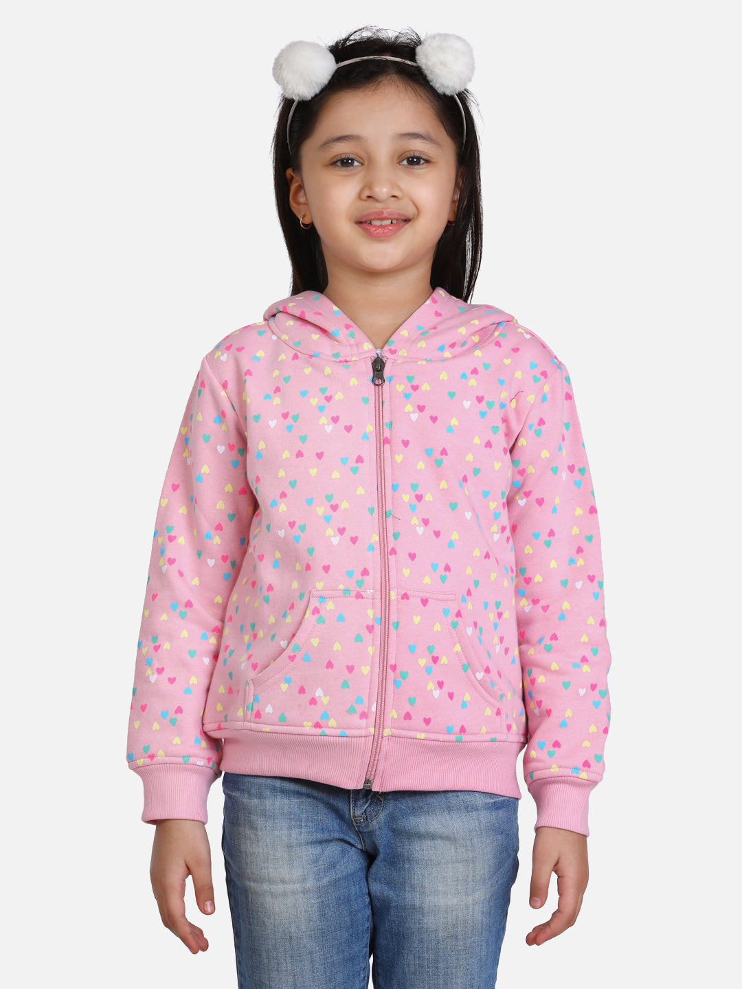 Girl's  Navy  Heart Printed Jacket With Hoodie - StyleStone Kid