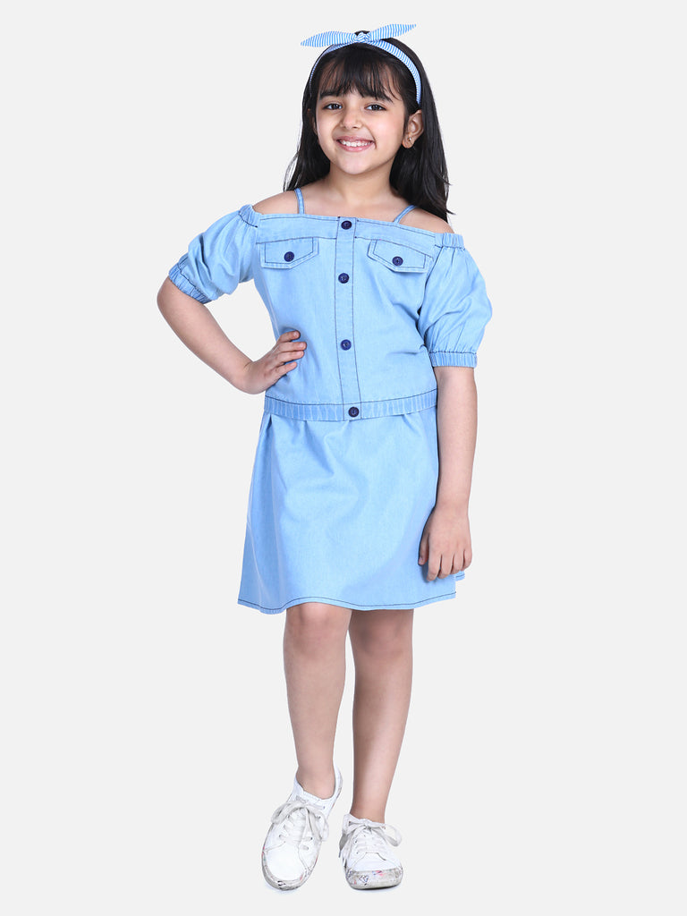 Girl's  Navy Blue Denim Top And Skirt Set - S