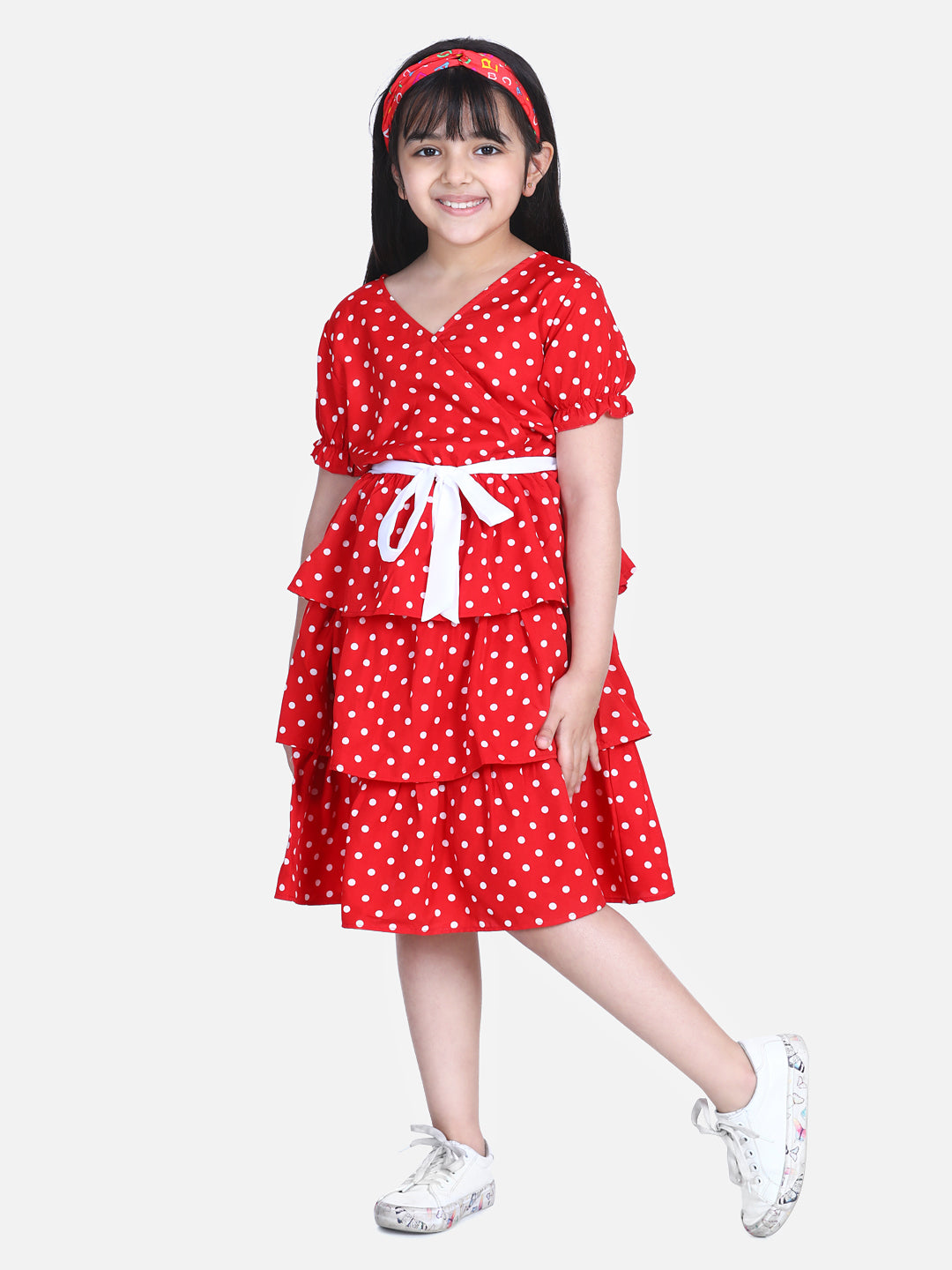 Girl's  Orange Polka Multi Tier Dress With Belt  - StyleStone Kid