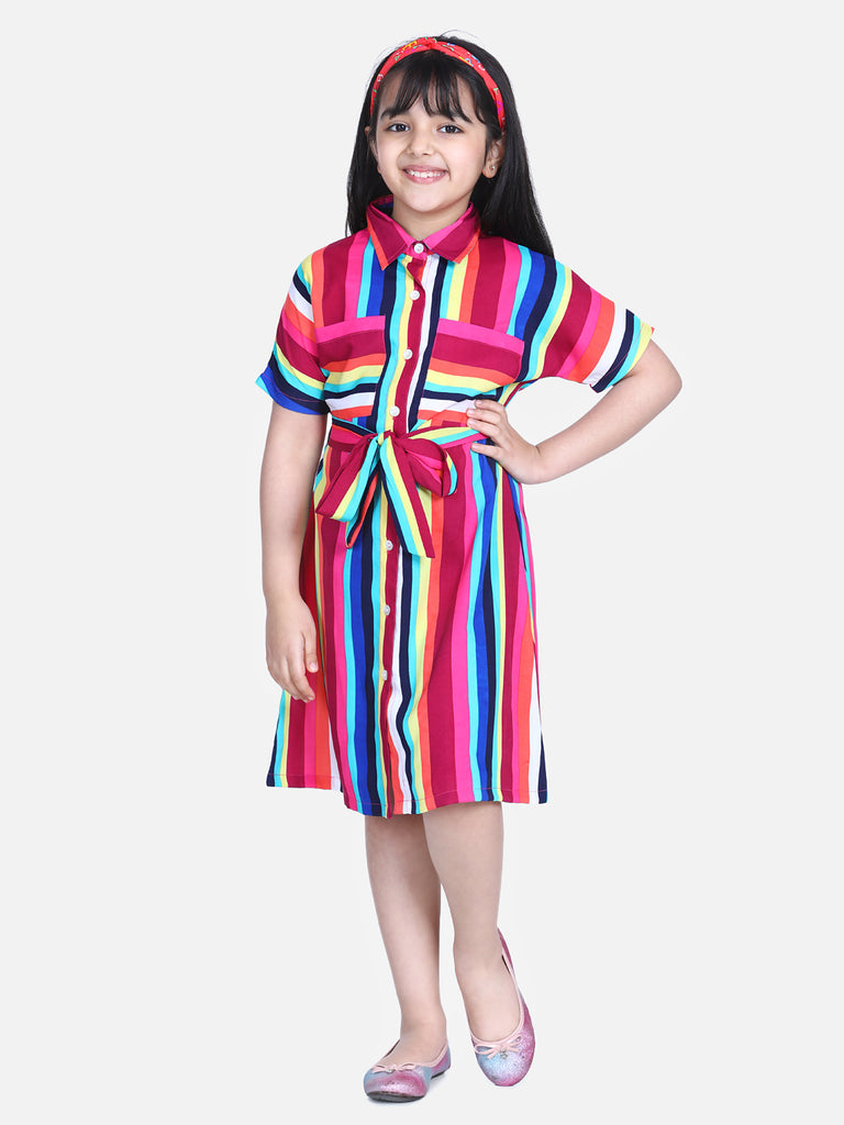 Girl's  Multi Colour Stripe Dress With Flap Detail - S