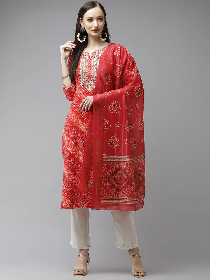 Women's Red Bandhani Printed Regular Gotta Patti Kurta With Palazzos & With Dupatta