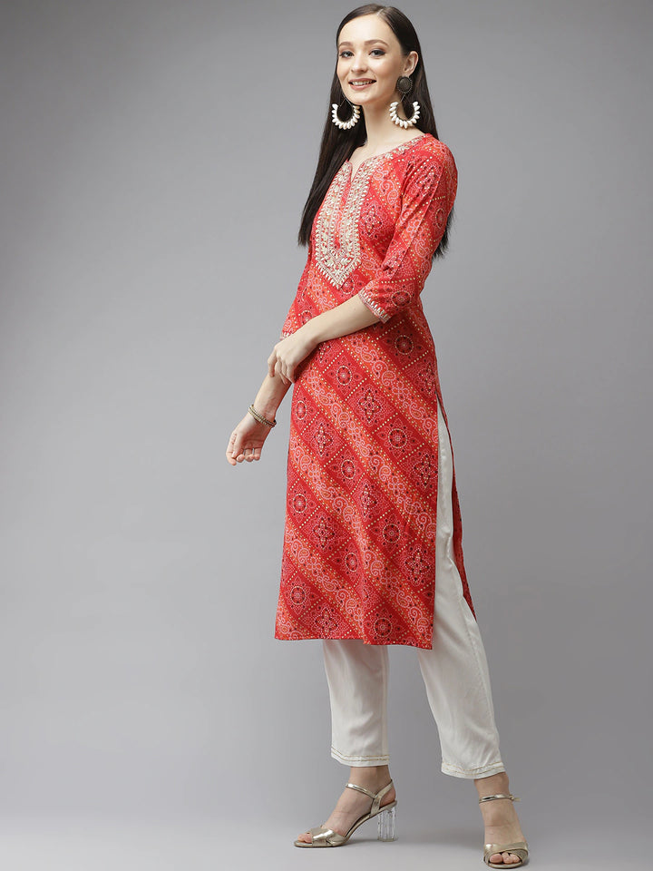 Women's Red Bandhani Printed Regular Gotta Patti Kurta With Palazzos & With Dupatta