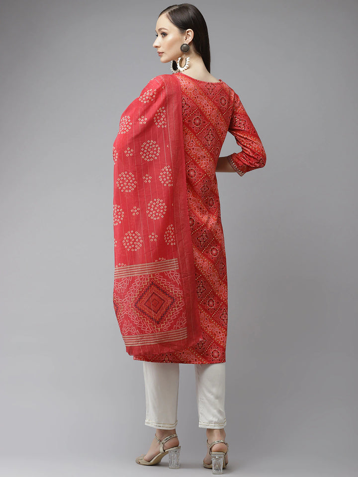 Women's Red Bandhani Printed Regular Gotta Patti Kurta With Palazzos & With Dupatta