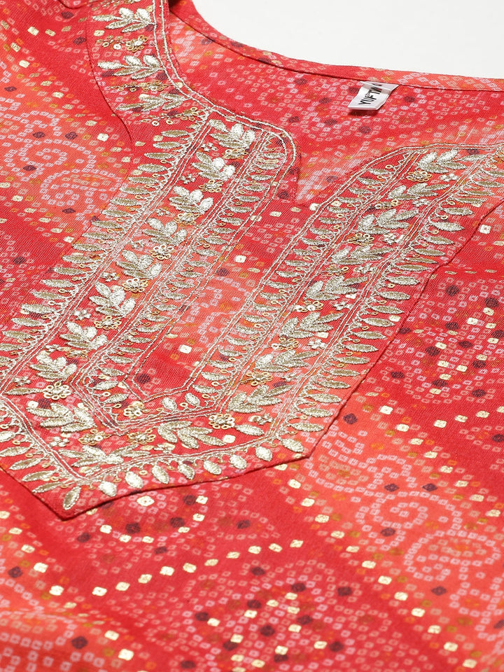 Women's Red Bandhani Printed Regular Gotta Patti Kurta With Palazzos & With Dupatta