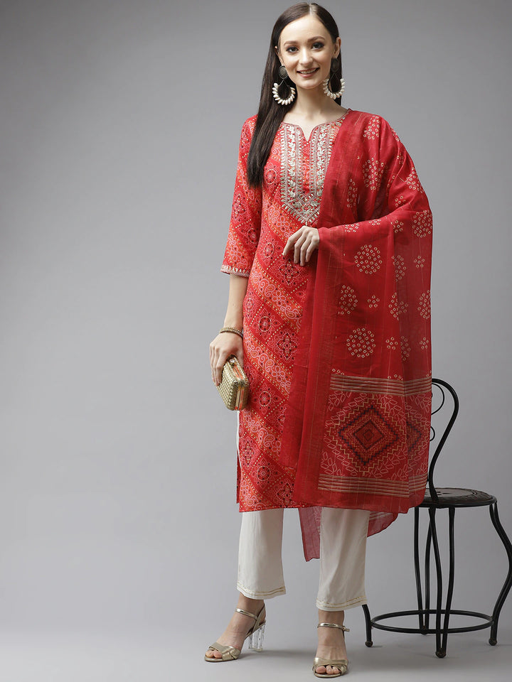Women's Red Bandhani Printed Regular Gotta Patti Kurta With Palazzos & With Dupatta