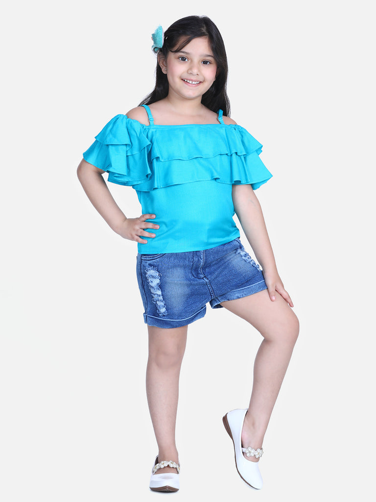 Girl's  Pink Pink Cold Shoulder Top With Denim Shorts - S