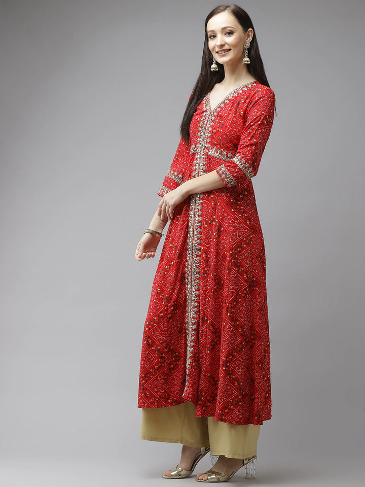 Women's Red Bandhani Printed Kurta