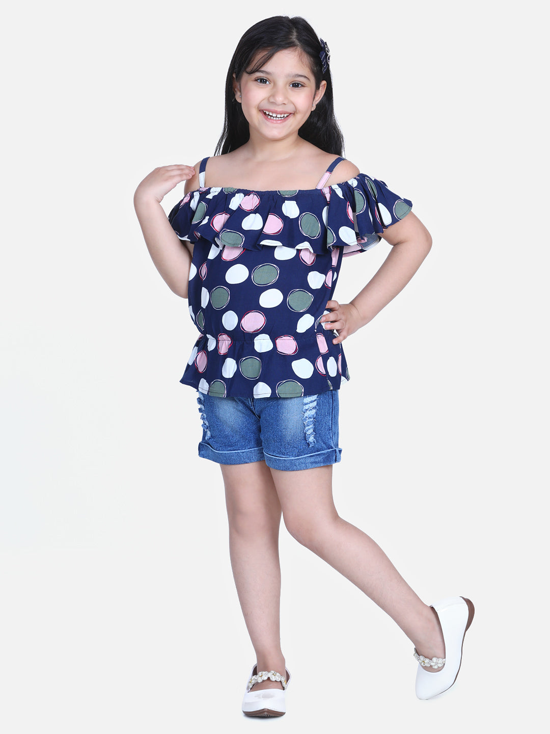 Girl's  Fuchsia Pink Cold Shoulder Top With Denim Shorts - StyleStone Kid