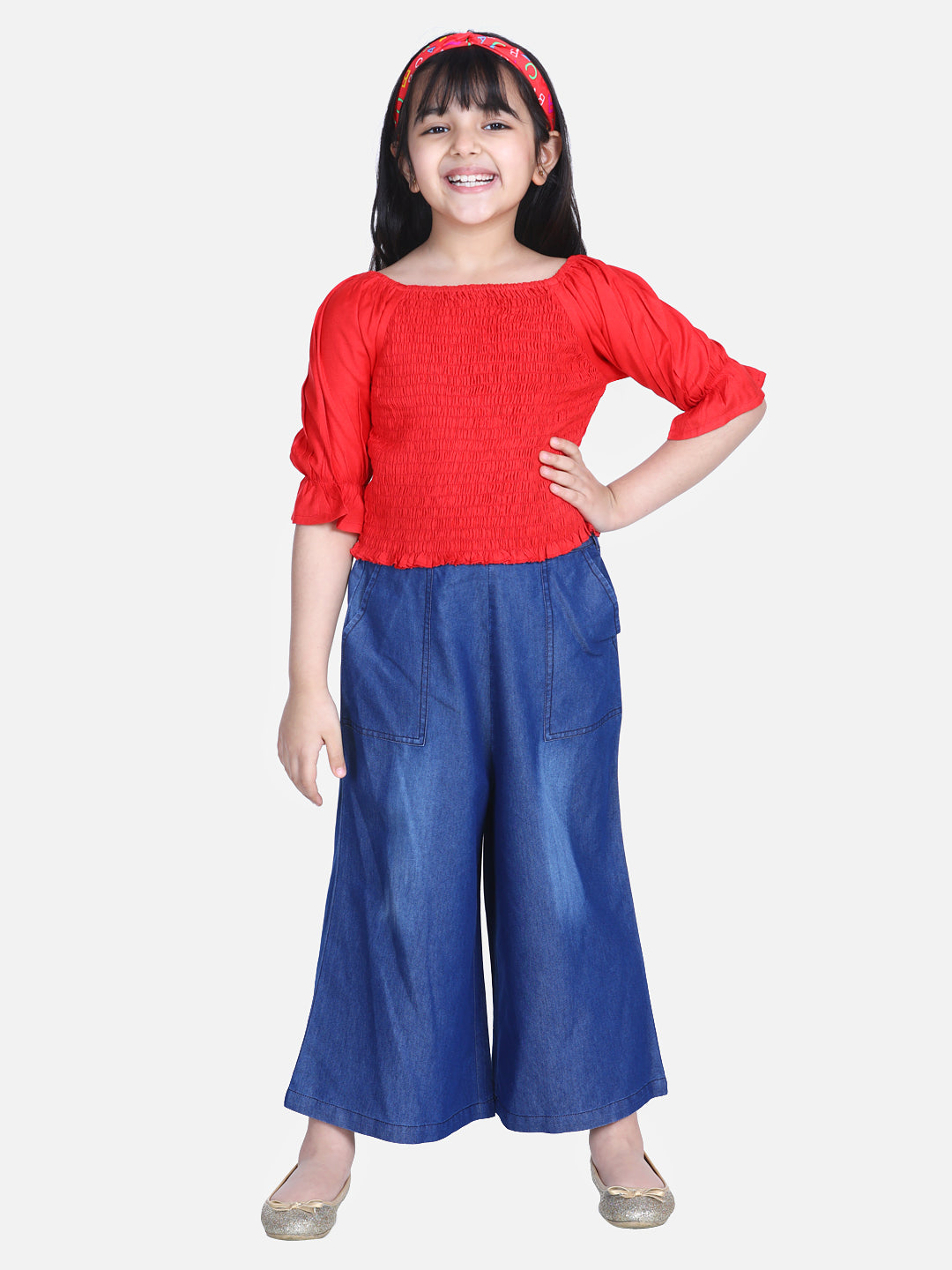 Girl's   Blue Polka Cold Shoulder Top With Denim Shorts - StyleStone Kid
