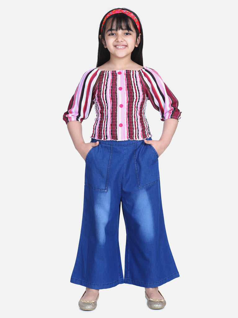Girl's  Red Smocked Top With Denim Culottes - S