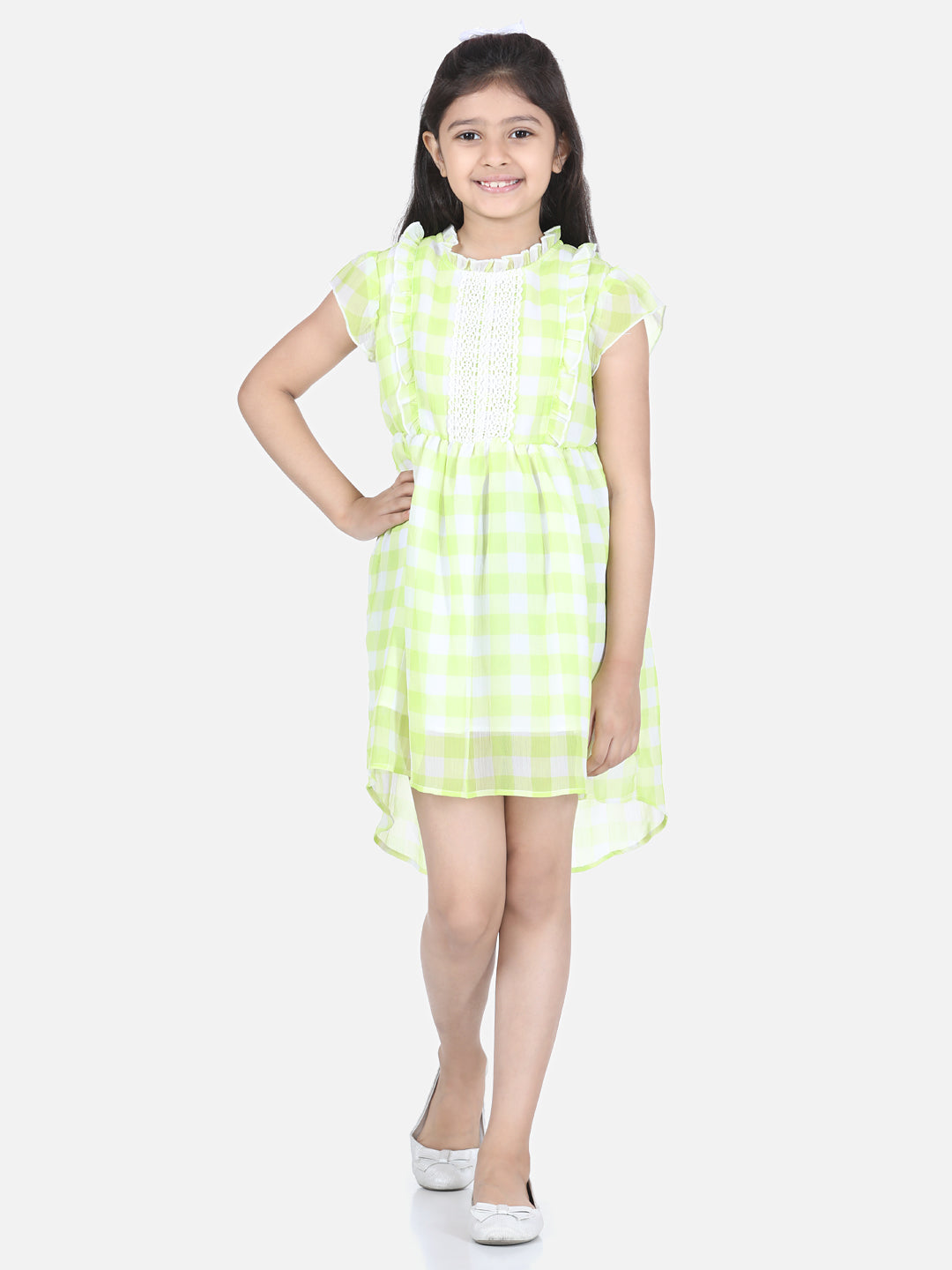 Girl's  Lemon Yellow Self Detail Dress With Lace Inserts - StyleStone Kid