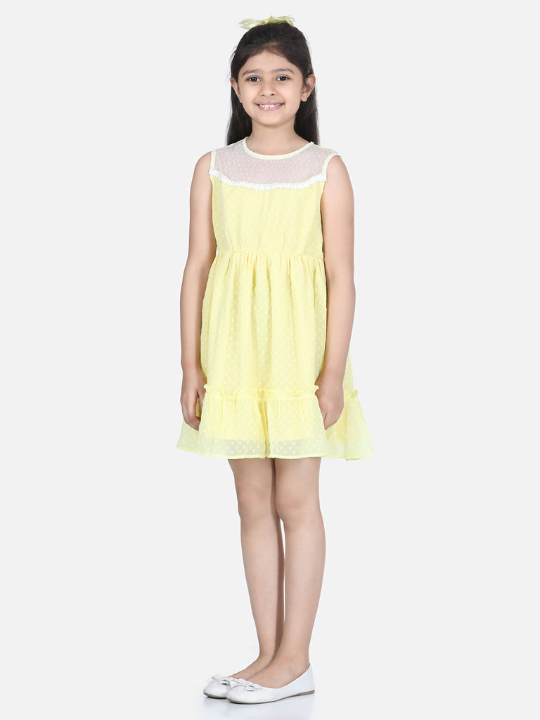 Girl's  Blue Polyester Self Design Dress With Net And Lace Inserts - S