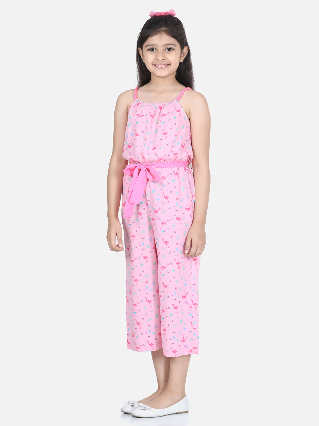Girl's Flamingo Printed Jumpsuit With Pink Belt - StyleStone Kid