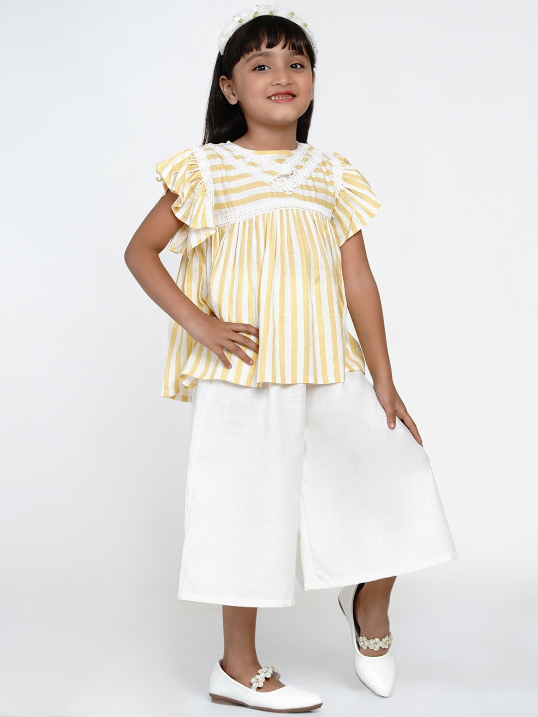 Girl's Yellow & Off-White Striped Top with Capris - NOZ2TOZ KIDS