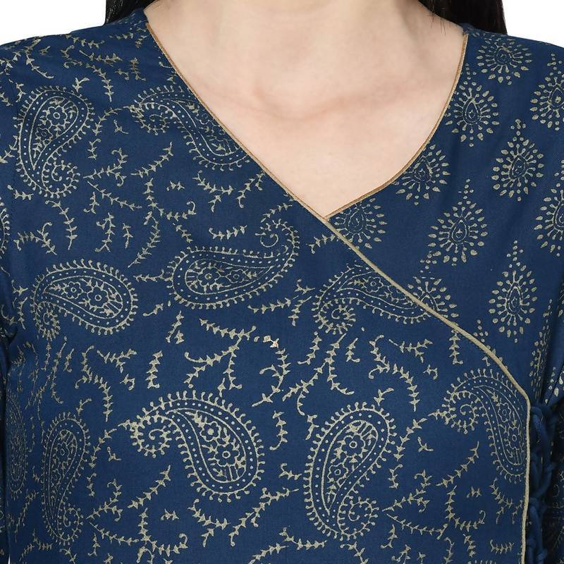 Women's Blue Rayon Foil print Angrakha Anarkali Kurta
