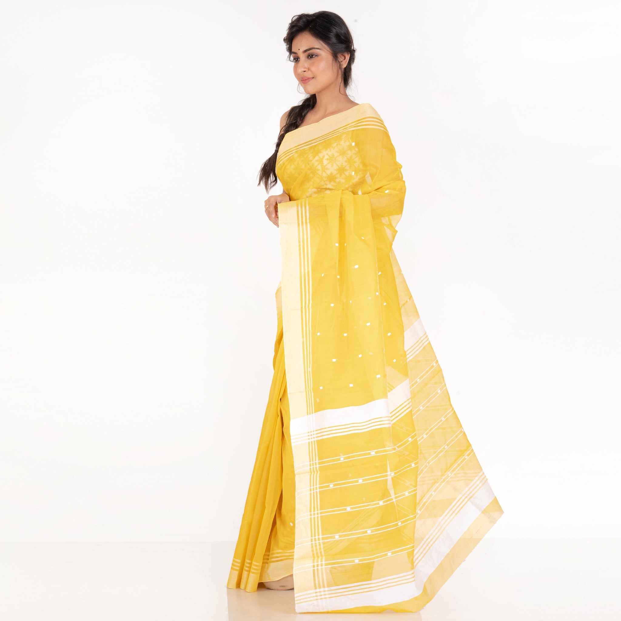 Women's Yellow Cotton Silk Chanderi Saree With White Border Booti And Pallu - Boveee
