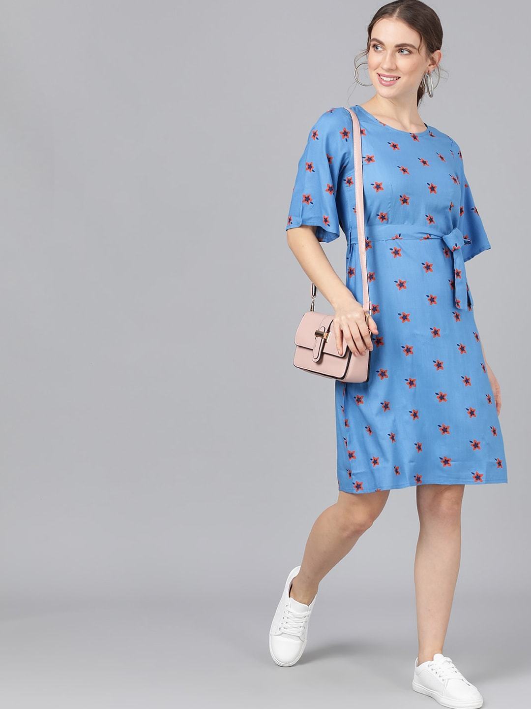 Women's  Blue & Maroon Printed Fit and Flare Dress - AKS