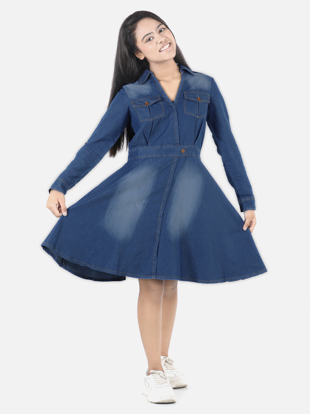 Girl's Denim Window Cutout Navy Blue Dress - StyleStone Kid