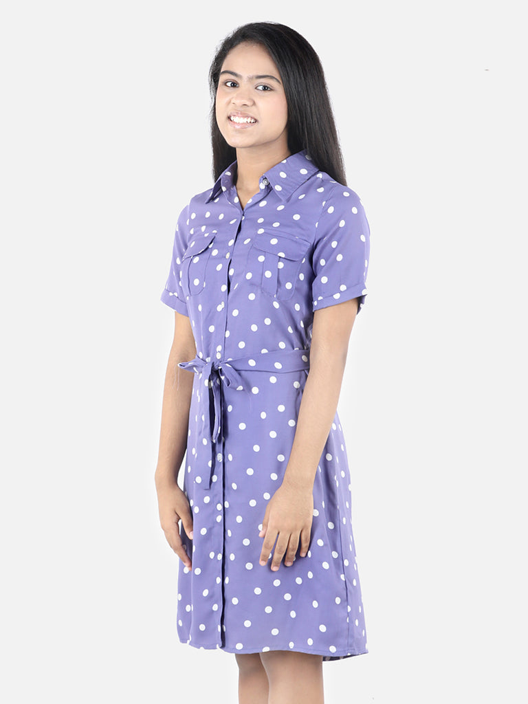Girl's Brown Polyester Polka Shirt Dress - S