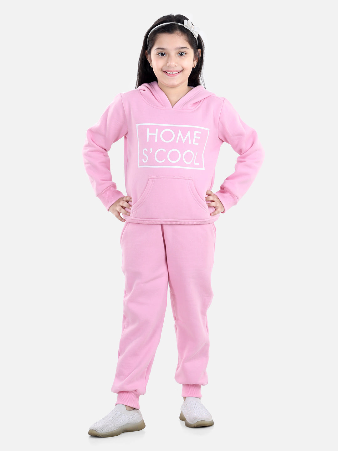 Girl's Red Home S'Cool Printed Hooded Track Suit Set - StyleStone Kid