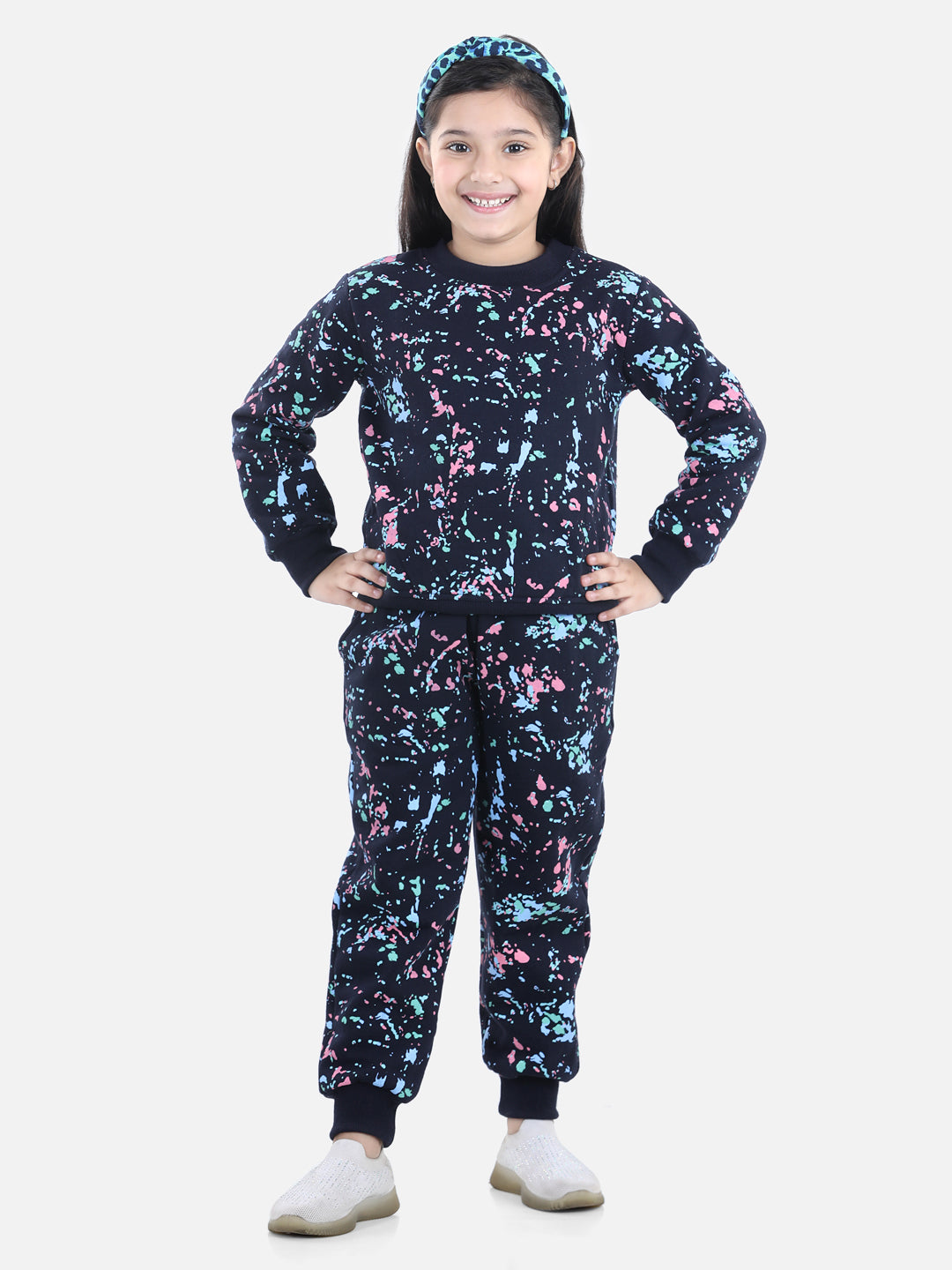 Girl's Navy Home S'Cool Printed Hooded Track Suit Set - StyleStone Kid