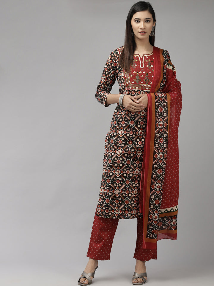 Women's Red & Black Cotton Yoke Design Kurta With Palazzo And Dupatta