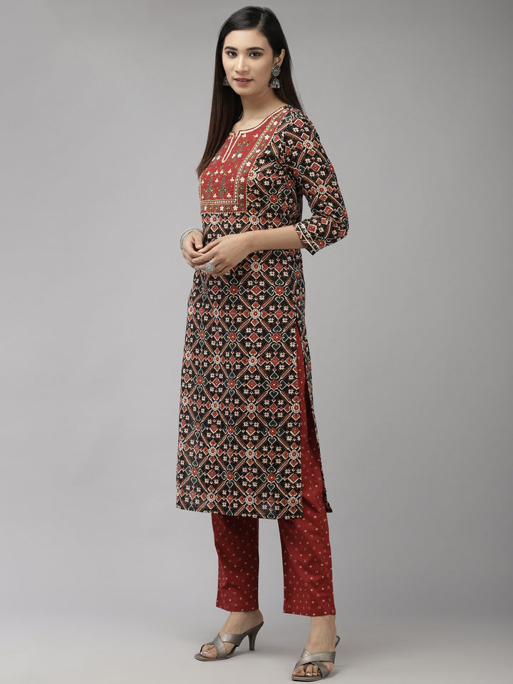 Women's Red & Black Cotton Yoke Design Kurta With Palazzo And Dupatta