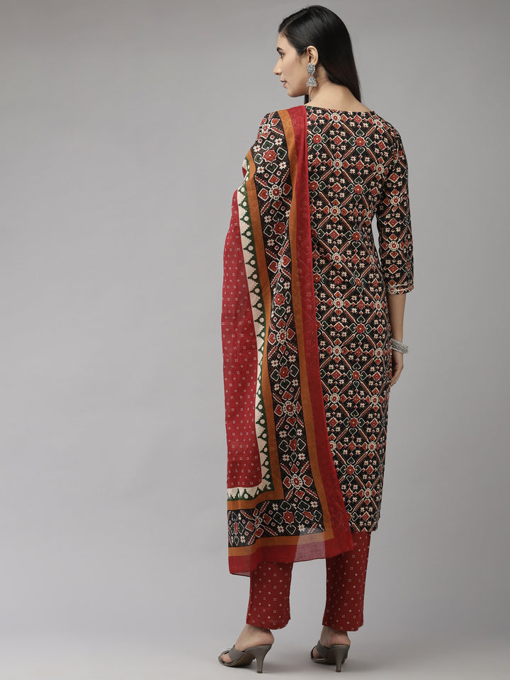 Women's Red & Black Cotton Yoke Design Kurta With Palazzo And Dupatta