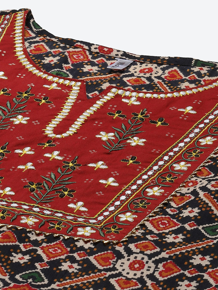 Women's Red & Black Cotton Yoke Design Kurta With Palazzo And Dupatta