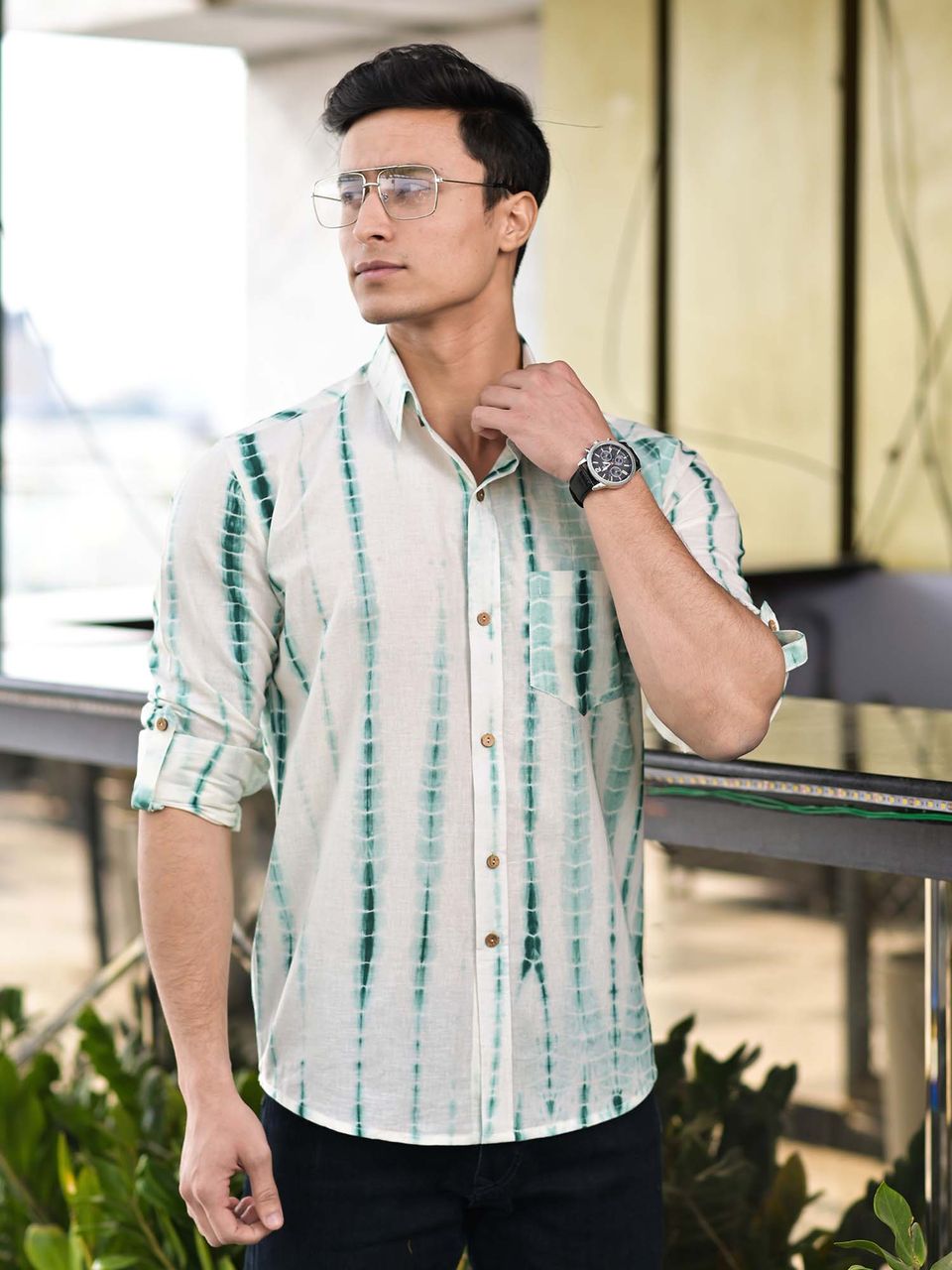 Men's White And Green Shibori Cotton Shirt - Hatheli
