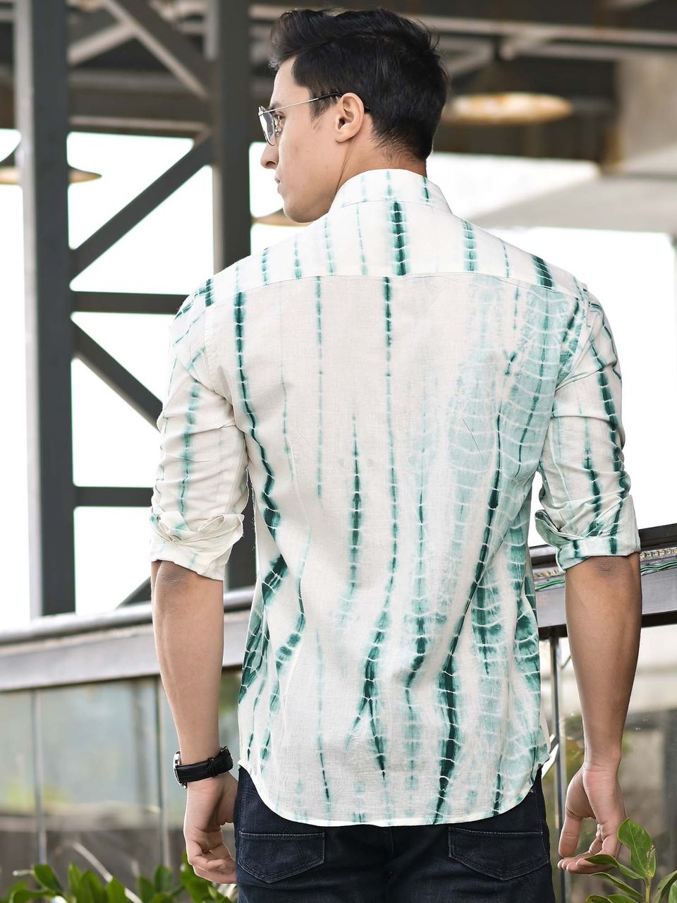Men's White And Green Shibori Cotton Shirt - Hatheli