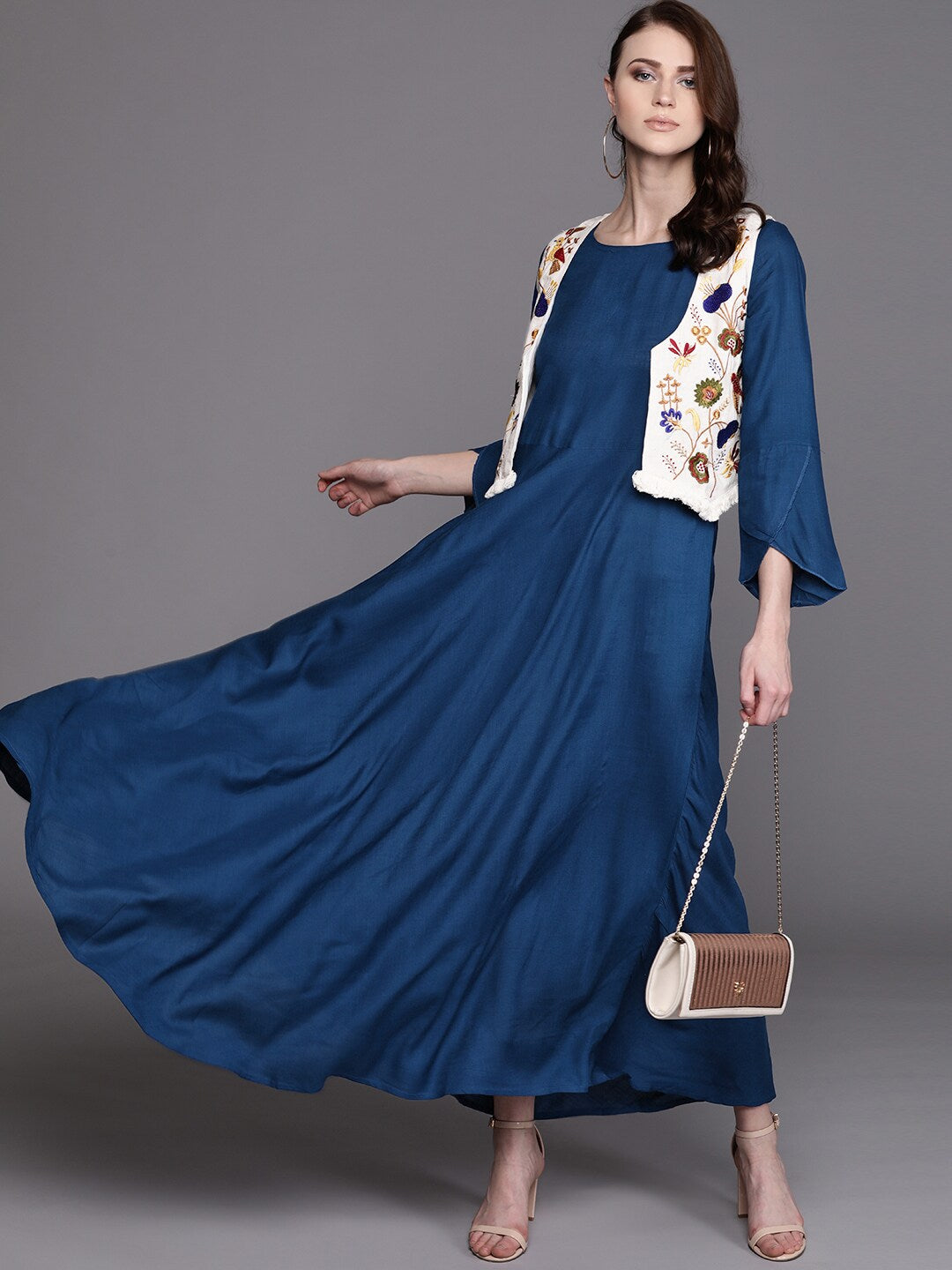 Women's Blue Maxi Gown with Floral Embroidered Jacket - Aks