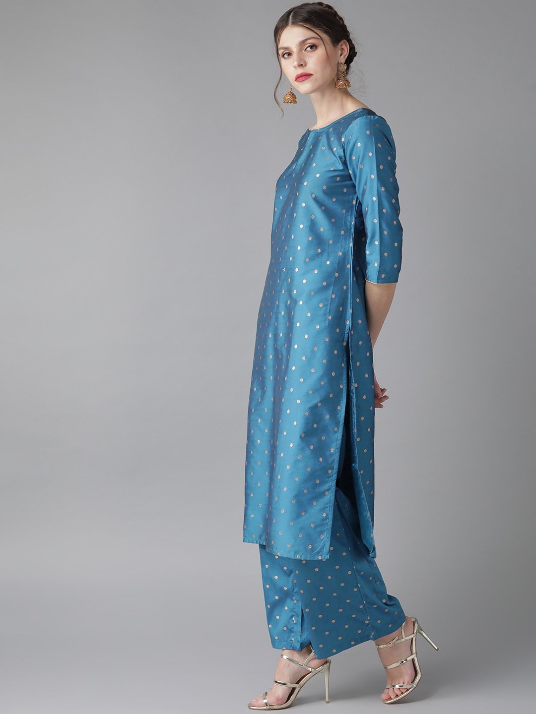 Women's  Blue & Golden Woven Design Kurta with Palazzos & Dupatta - AKS