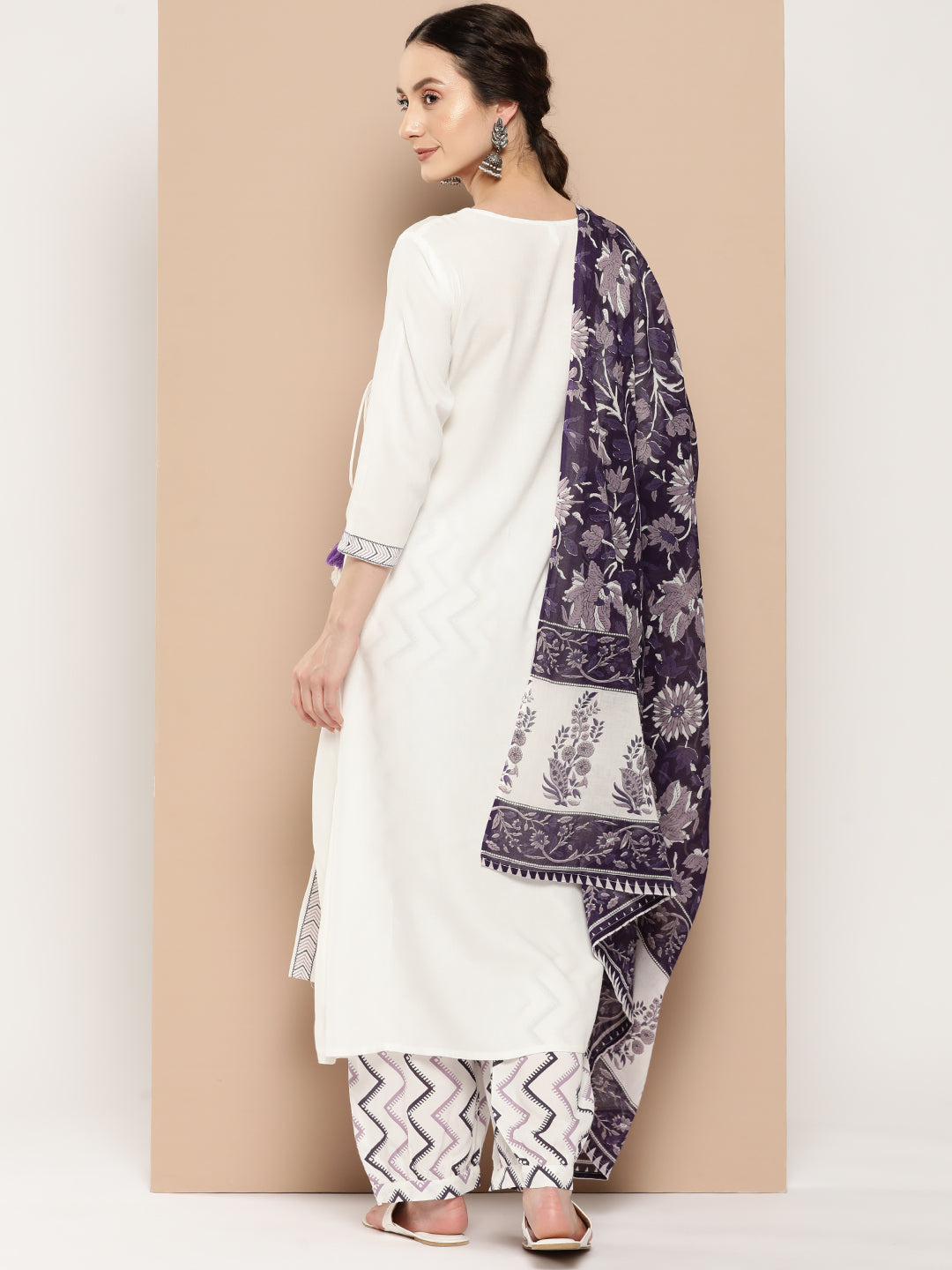 Women's White And Purple Solid Angrakha Kurta Salwar And Dupatta Set - Yufta