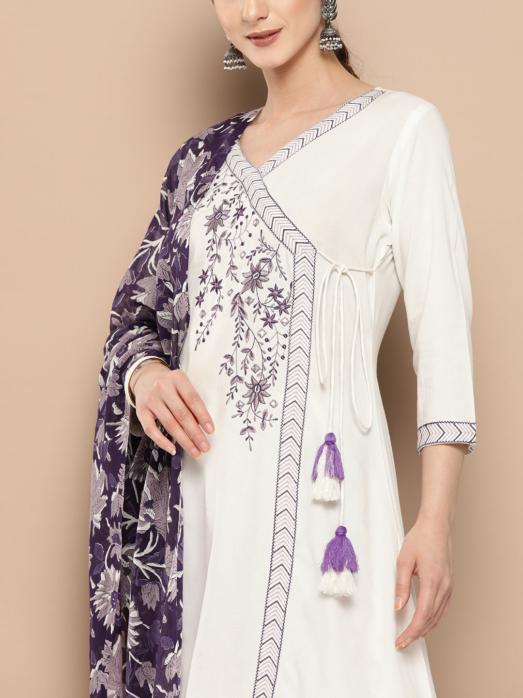 Women's White And Purple Solid Angrakha Kurta Salwar And Dupatta Set - Yufta