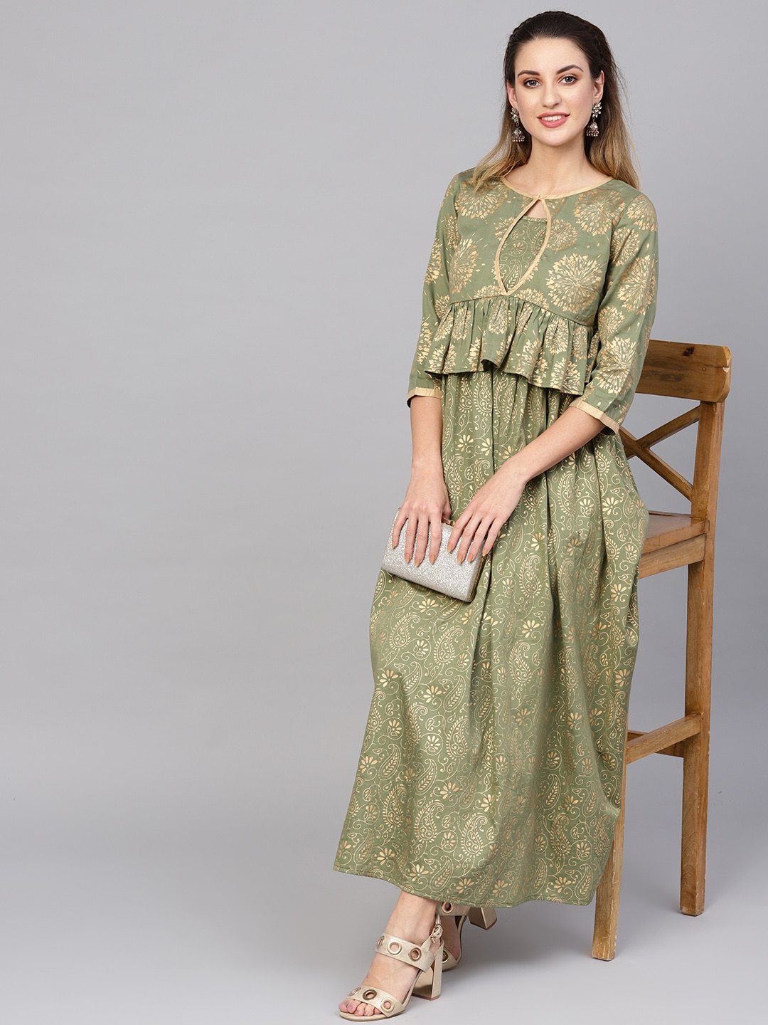 Women's  Olive Green & Golden Printed Layered Maxi Dress - AKS