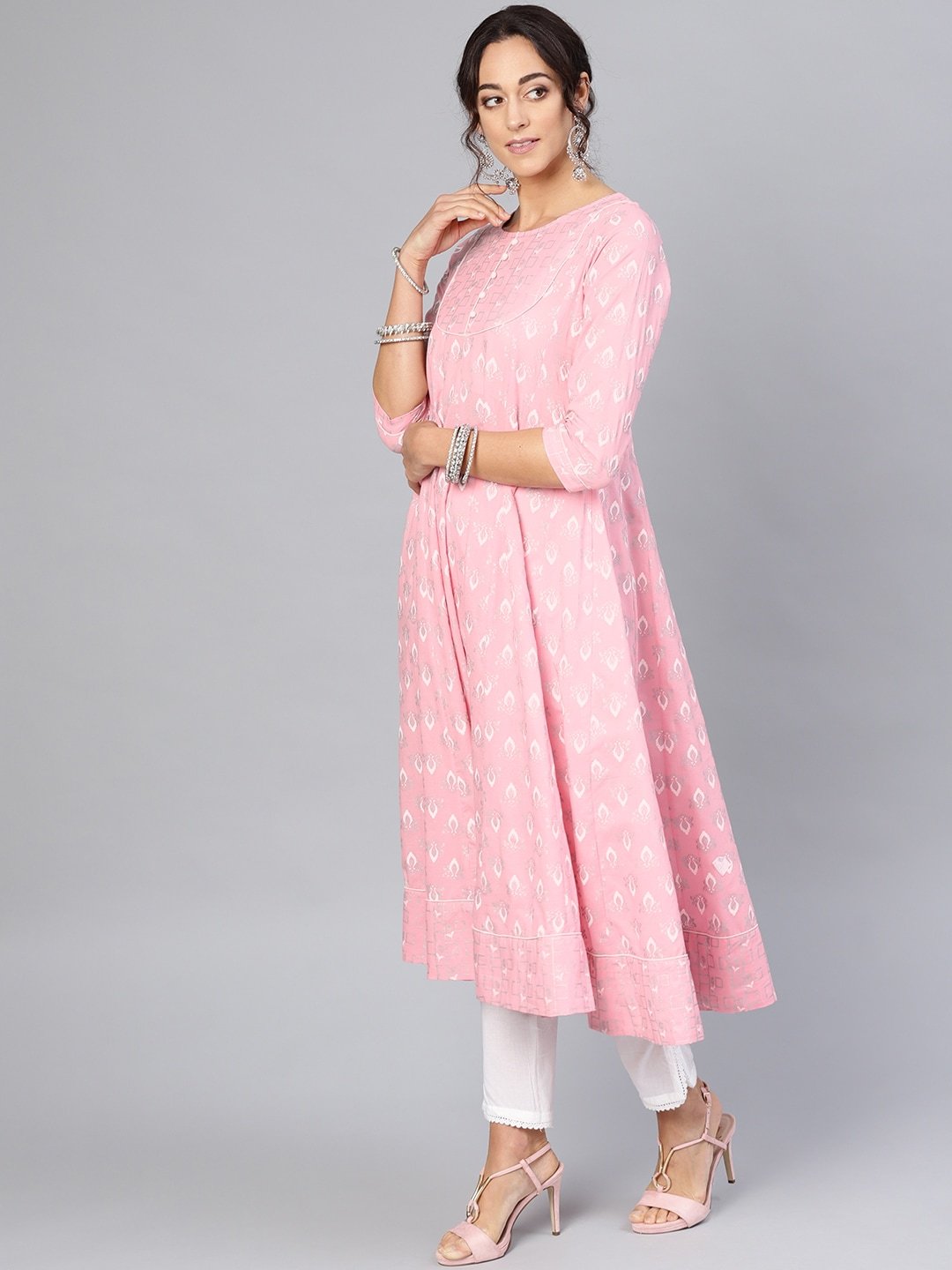 Women's  Pink & White Khari Print Anarkali Kurta - AKS