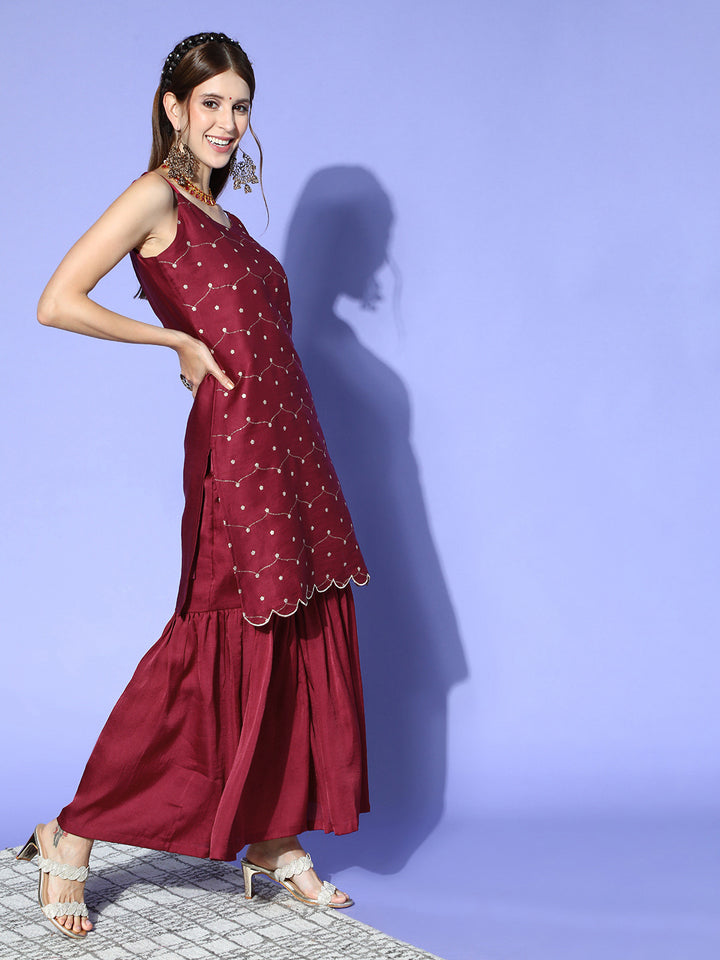 Women's Ethnic Motifs Silk Scalloped Edge Kurta Sharara Dupatta Set