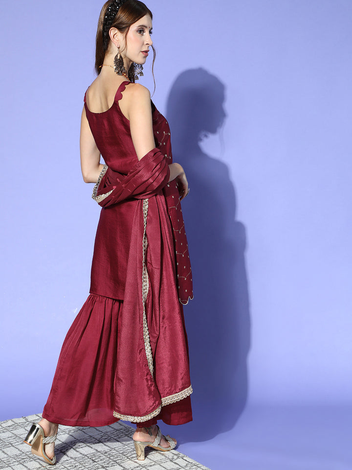 Women's Ethnic Motifs Silk Scalloped Edge Kurta Sharara Dupatta Set