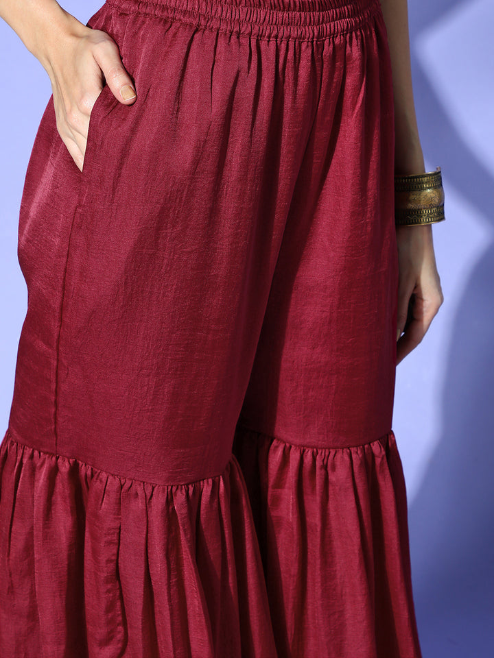 Women's Ethnic Motifs Silk Scalloped Edge Kurta Sharara Dupatta Set