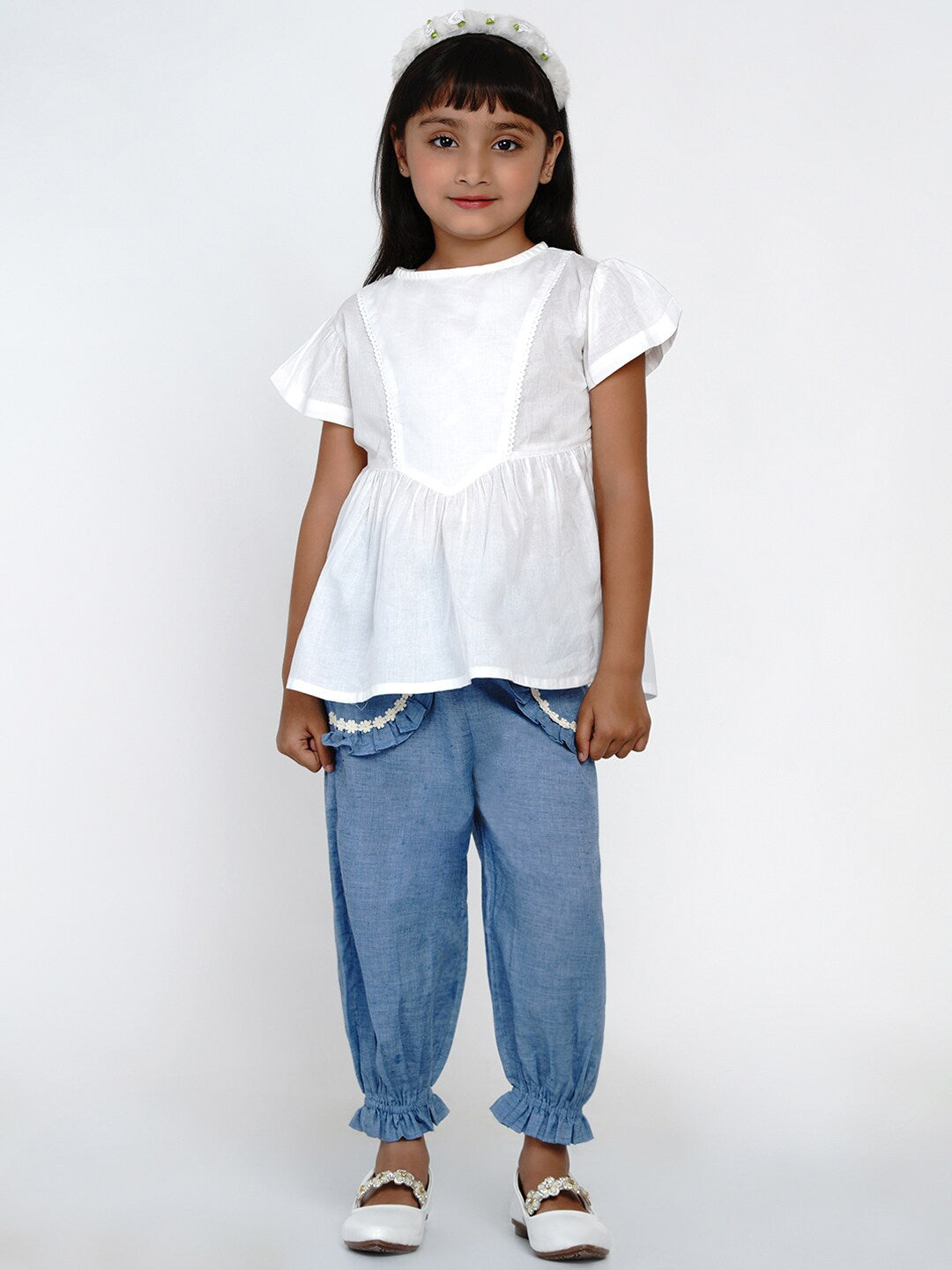Girl's Off-White & Blue Solid Top with Trousers - NOZ2TOZ KIDS